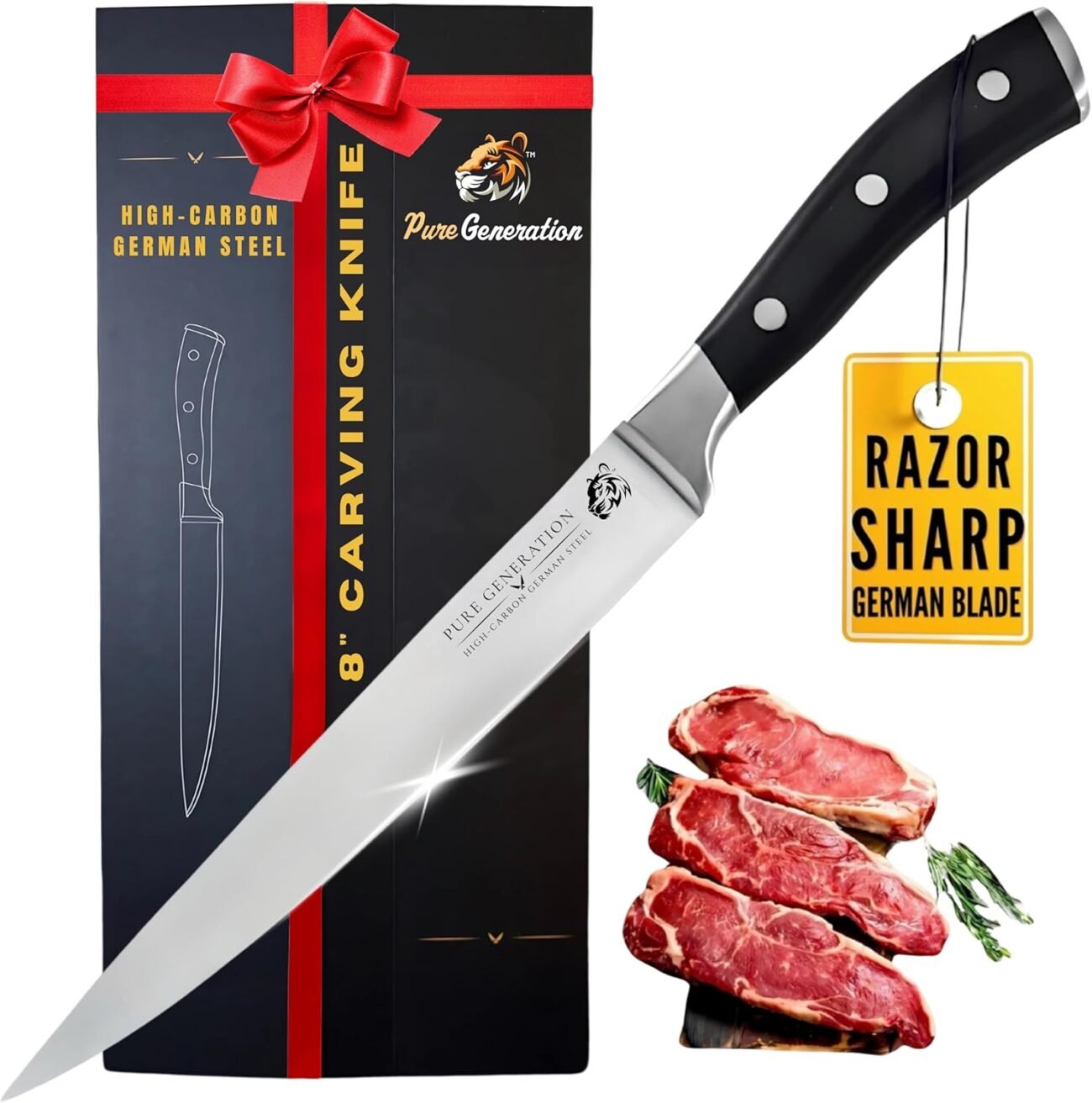 8 Carving Knife for Meat – Butcher Knife, Razor Sharp German Steel Slicing Knife with Ergonomic Handle for... 8" Carving Knife for Meat – Butcher Knife, Razor Sharp German Steel Slicing Knife with Ergonomic Handle for...